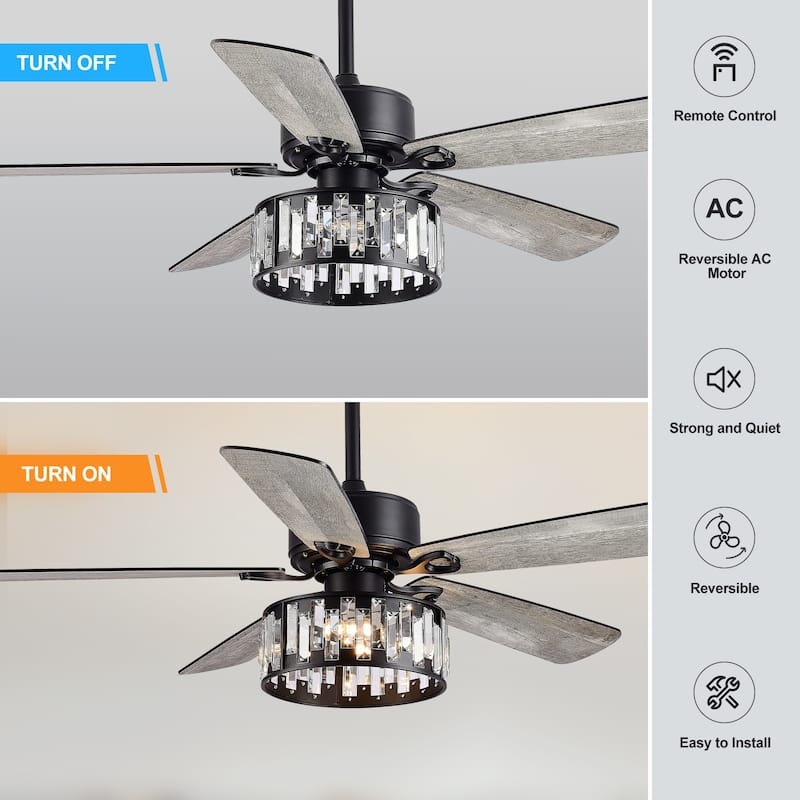52" Black Ceiling Fan with Lights Remote Control, Farmhouse Chandelier - 52 Inch
