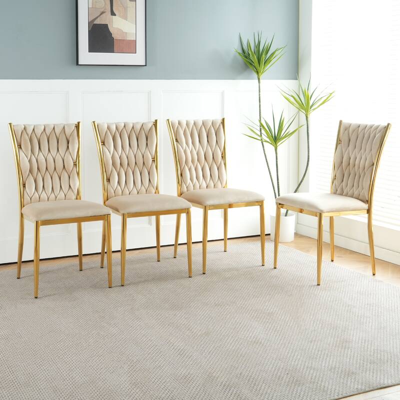 Modern Simple Velvet Dining Chair, Family Bedroom Stool Back Student Table Chair, Gold-Plated Metal Chair Legs (Set of 4) - Beige