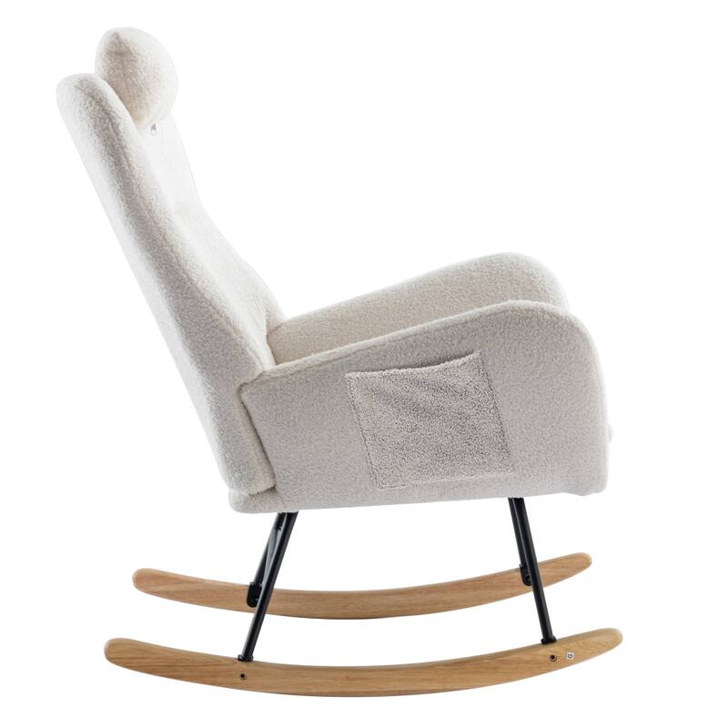Teddy Fabric Wingback Rocking Chair for Nursery with Safe Solid Wood Base