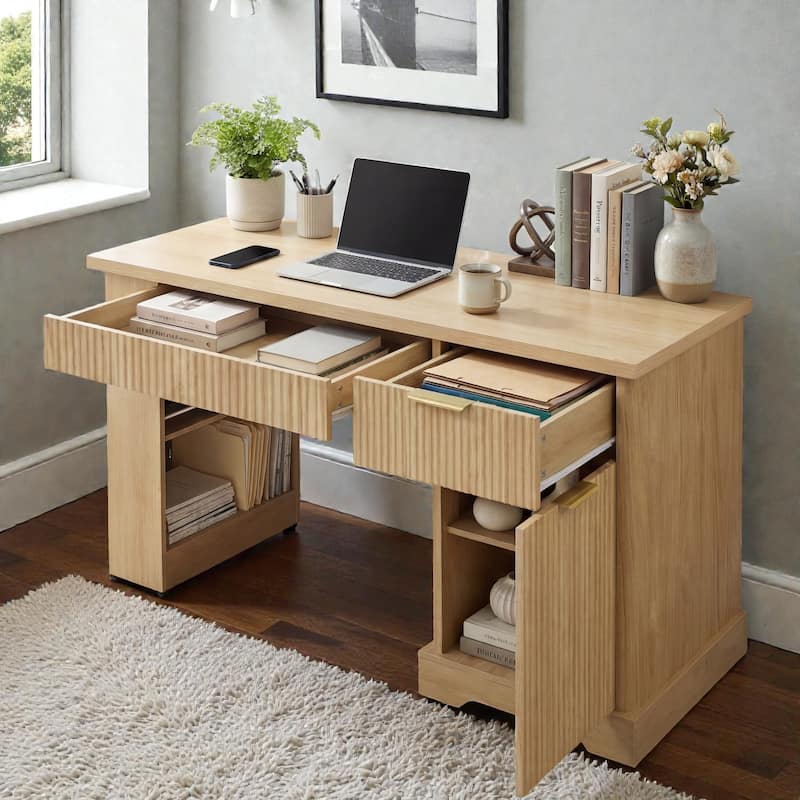 55 Inch Modern Fluted Office Desk with Storage Cabinet and Drawers, Computer Desk with Power Outlet Pegboard