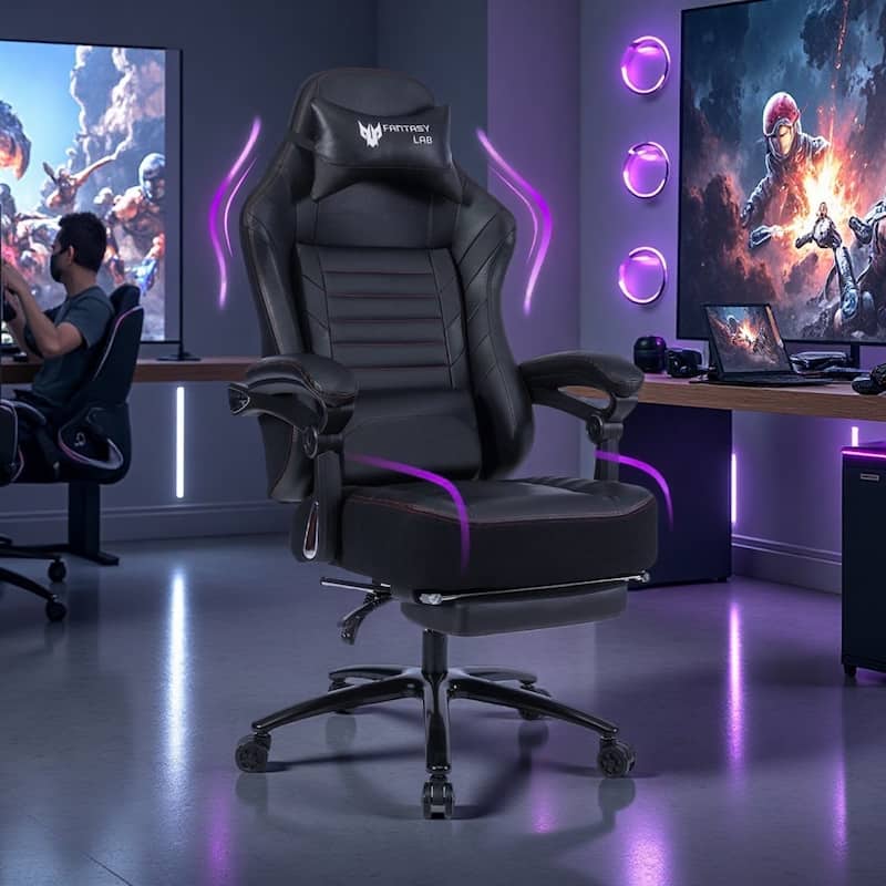 PU Racing Gaming Chair with Massage Lumbar Support and Retractable Footrest - Black
