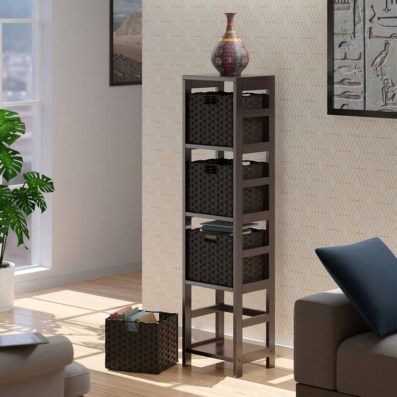 5 Pc Storage Shelf 4 Foldable Woven Baskets 55" Espresso Chocolate