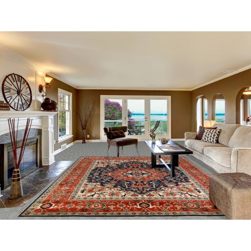 Hand Knotted Oriental 100% Wool Carpet Traditional Medallion Navy Blue & Blues Heriz (serapi) Area Rug - 11' 11'' X 9' 0''