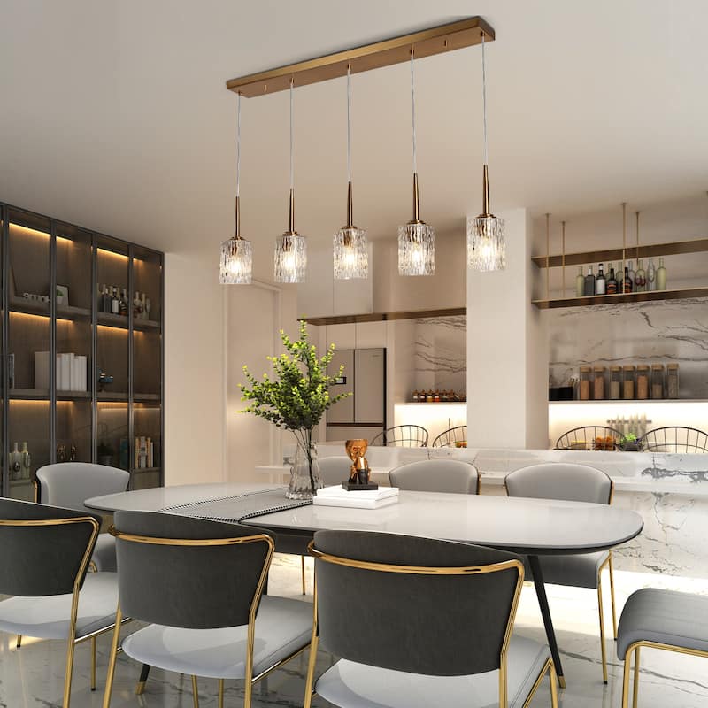Laxow Modern 5-Light Gold Linear Chandelier Textured Glass Kitchen Island Lights - W 42.5" x H 12.2"