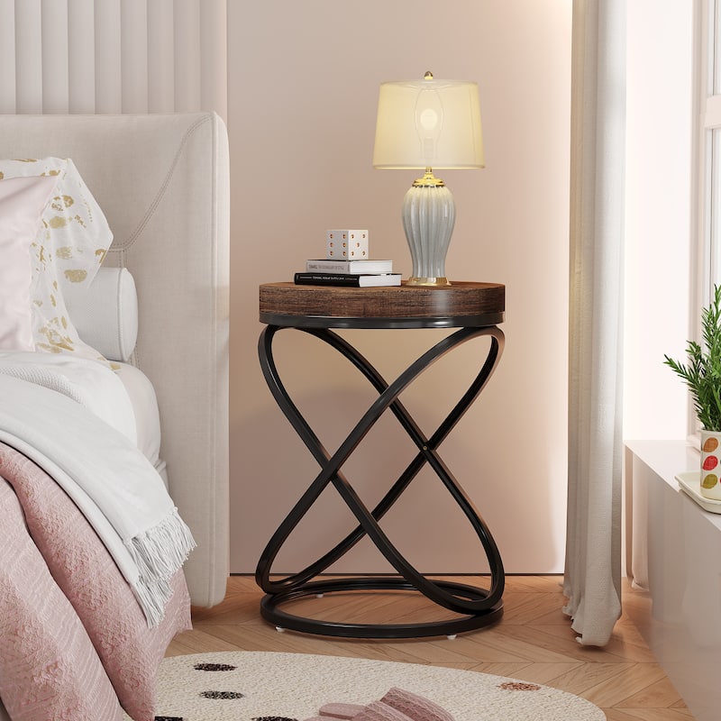 Wood/ Metal Round End Side Table Nightastand for Living Room Bedroom