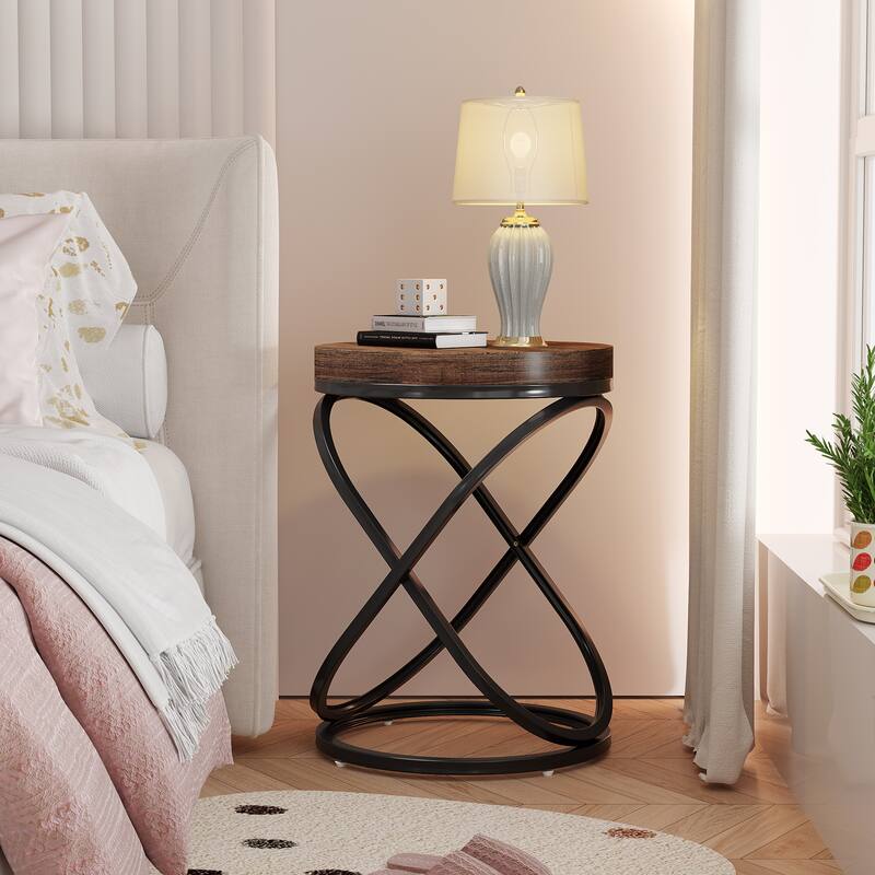 Round White and Gold End Table, 26 Inches Faux Marble Top Nightstands Sofa Side Table