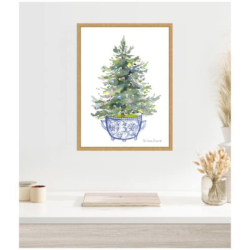 Kate and Laurel Sylvie Framed Canvas Traditional Christmas Tree In Blue Chinoiserie Pot by Patricia Shaw