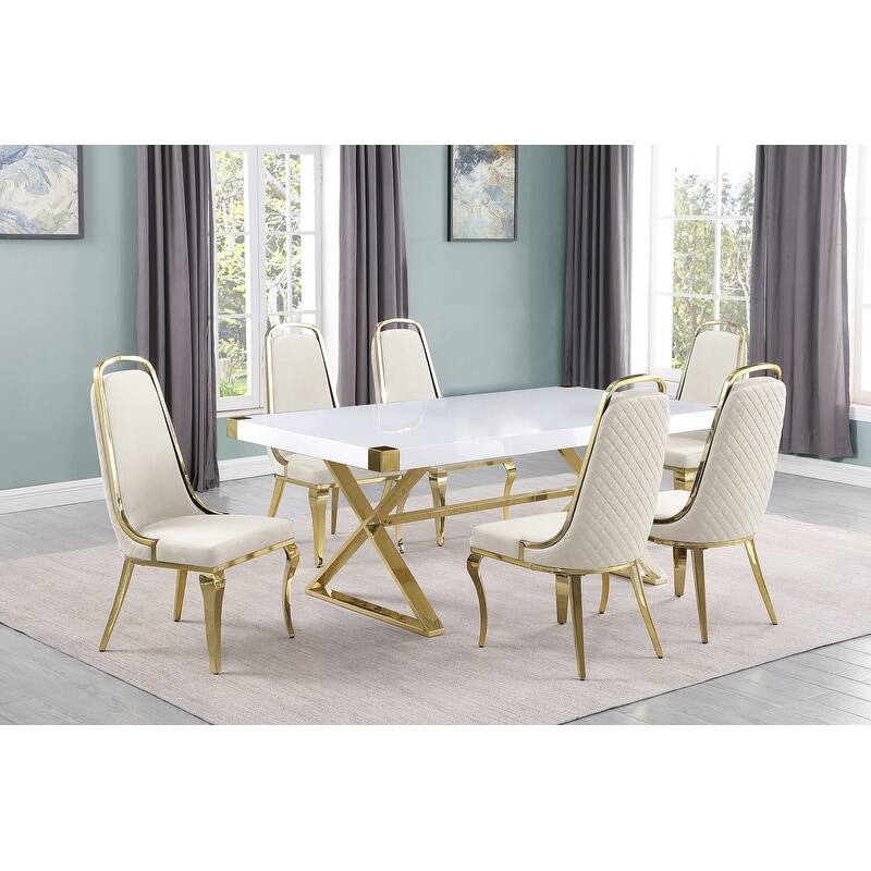 Best Quality Furniture D440/1-SC310-7 Dining Set with 78" White Lacquer Wood Top - 7-Piece - Cream / Gold