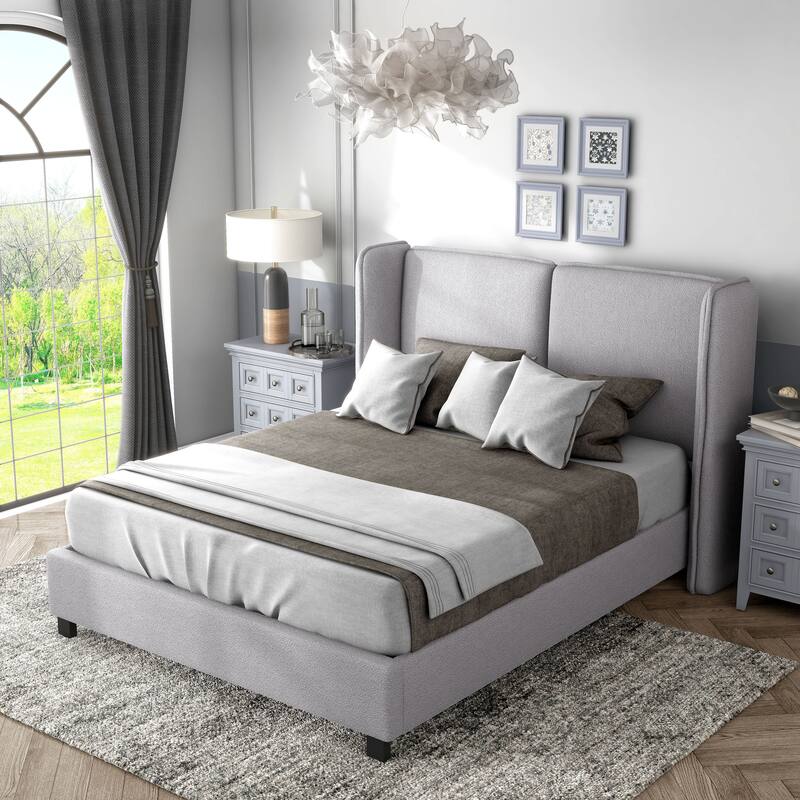 Janna Modern Boucle Fabric Queen-size Platform Bed with Wingback Headboard by Furniture of America - Light Grey