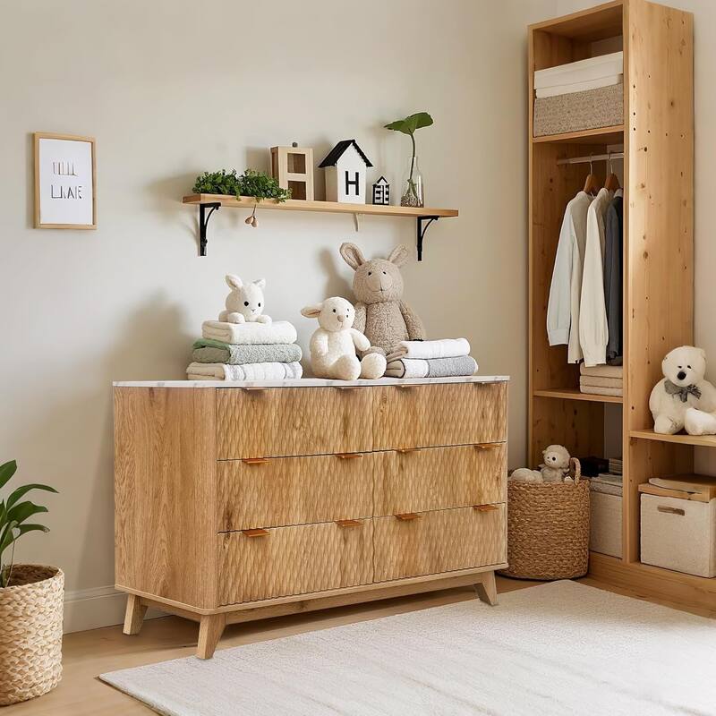 6 Drawer Wood Dresser with Faux Marble Top, 54" Wide Farmhouse Chest, Drip Pattern Design,