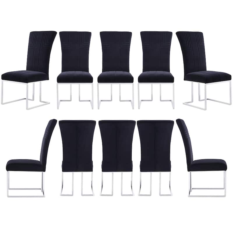 Modern Black Velvet Dining Room Chairs with Mirrored Silver Sled Legs - Set of 10
