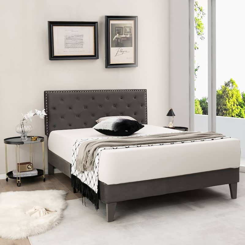 Costway Bed Frame Upholstered Platform Bed with Tufted Headboard
