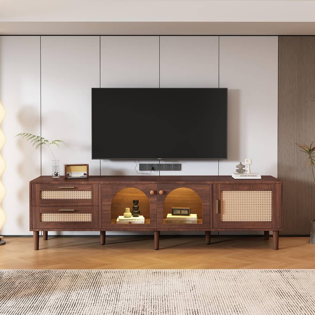 Rattan LED TV Stand with 3 Doors and 2 Drawers, Console Table with Solid Wood Legs, Entertainment Center with Storage Cabinets