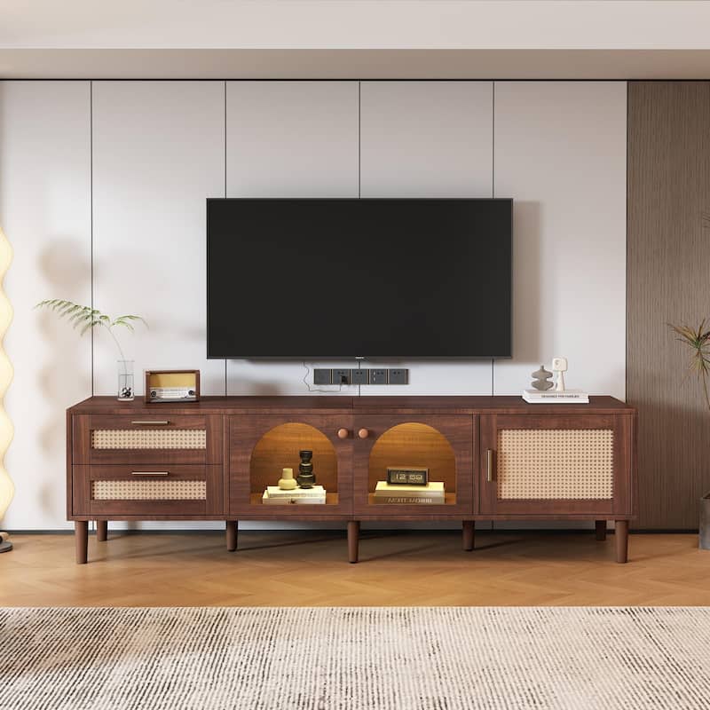 Rattan-Textured TV Stand with LED Lighting & Storage, 70" Media Console for 80" TVs - Ideal for Living Room & Bedroom
