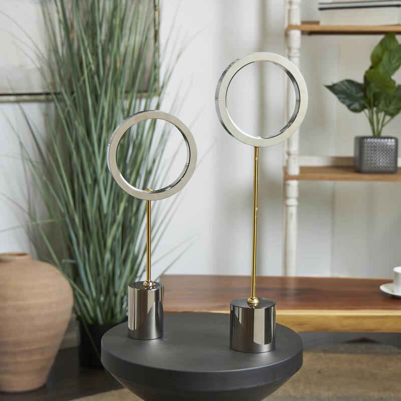 Glass Geometric Round Hoop Decorative Sculpture with Gold Stands and Clear Bases - Set of 2 Silver - CosmoLiving by Cosmopolitan