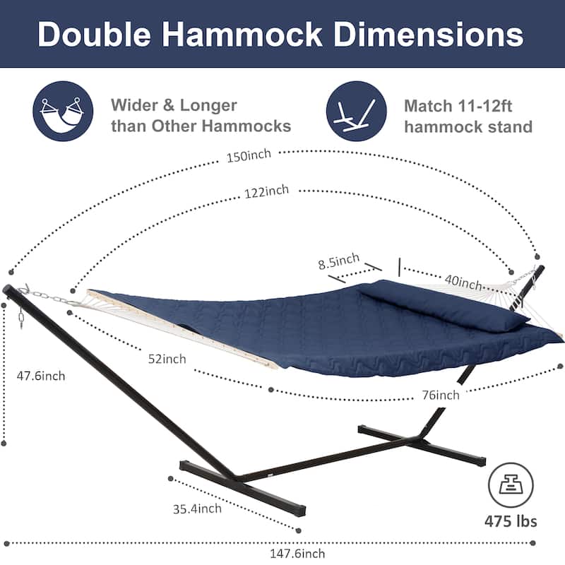 Rope Hammock with Detachable Pillow and Pad, 12FT Steel Stand Included
