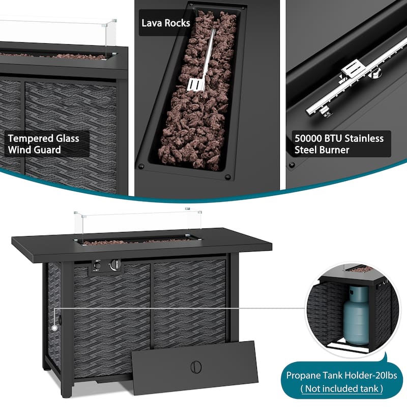 8-Piece Outdoor Patio Wicker Conversation Set with Fire Pit Table, Sectional Sofa & Cushions - N/A