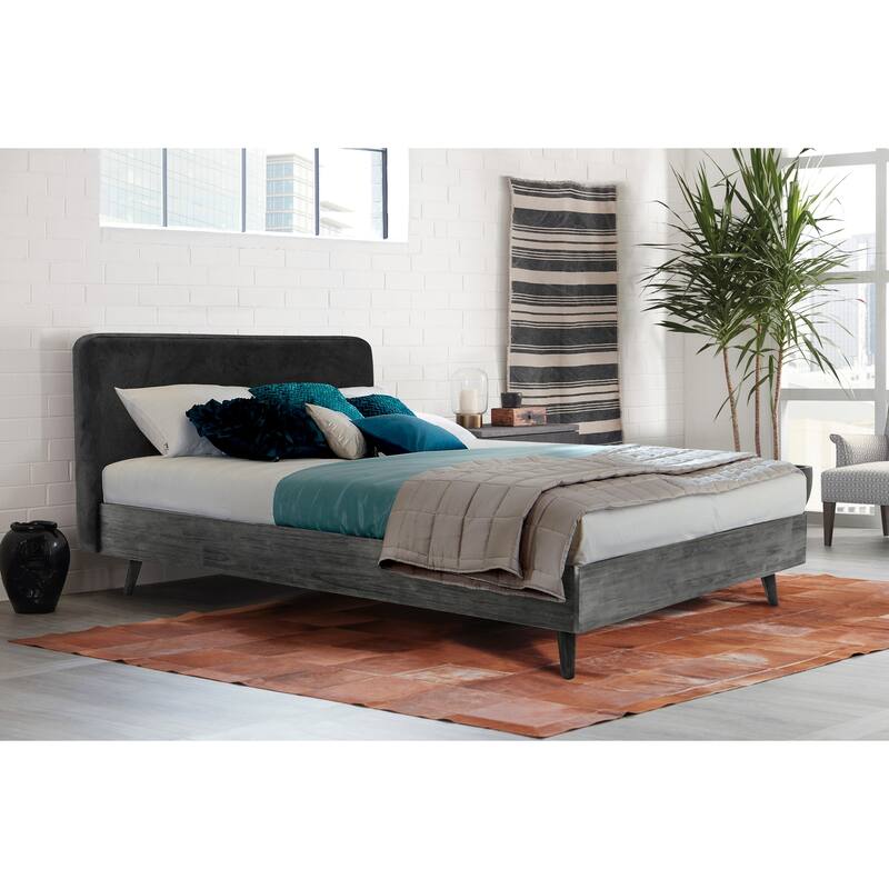 Modern Platform Bed - Gray Acacia Wood Frame & Upholstered Headboard - Low Profile Bed