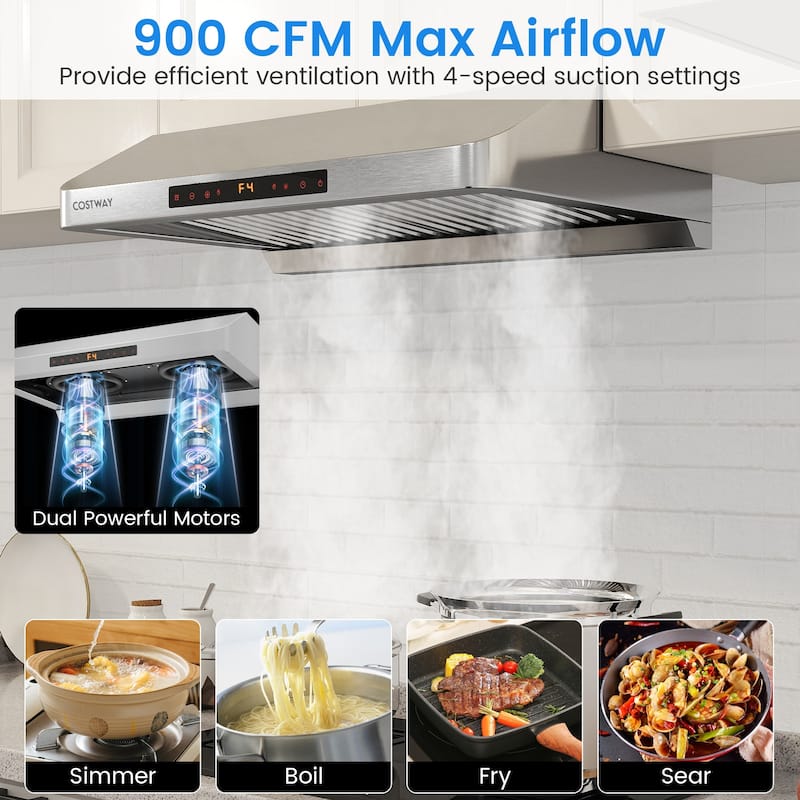 Gymax 30 Inch 900 CFM Under Cabinet Range Hood w/Oil Collector 4 Fan