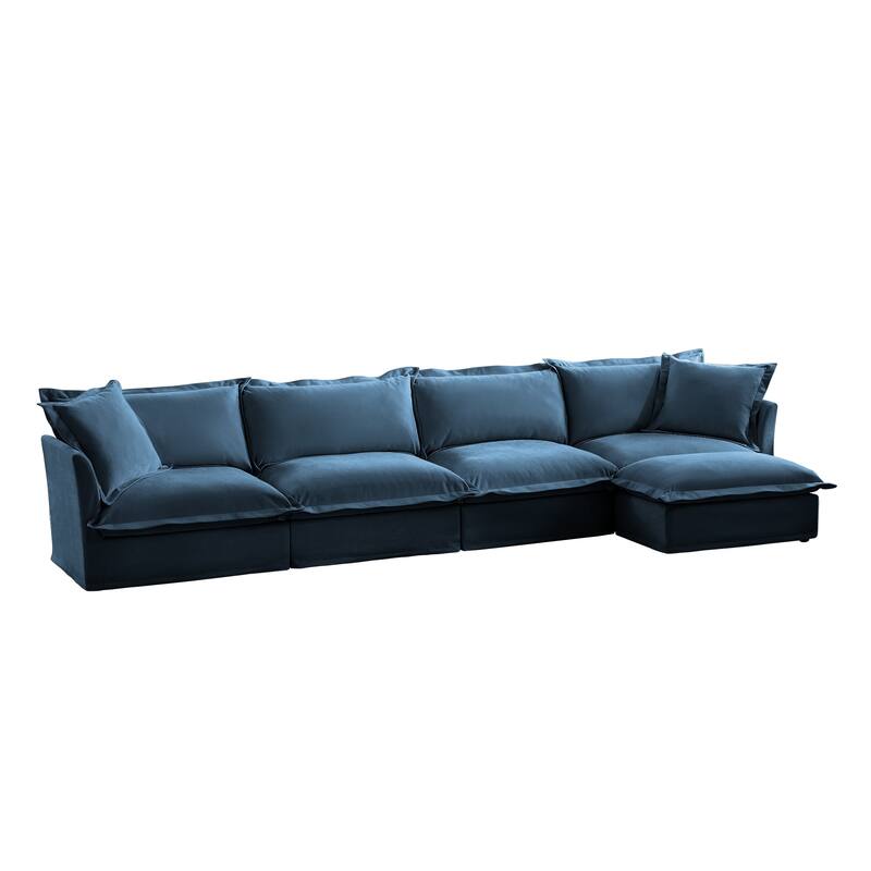 Modern 4 Seater Upholstered Sofa with 1 Ottoman and 2 Pillows
