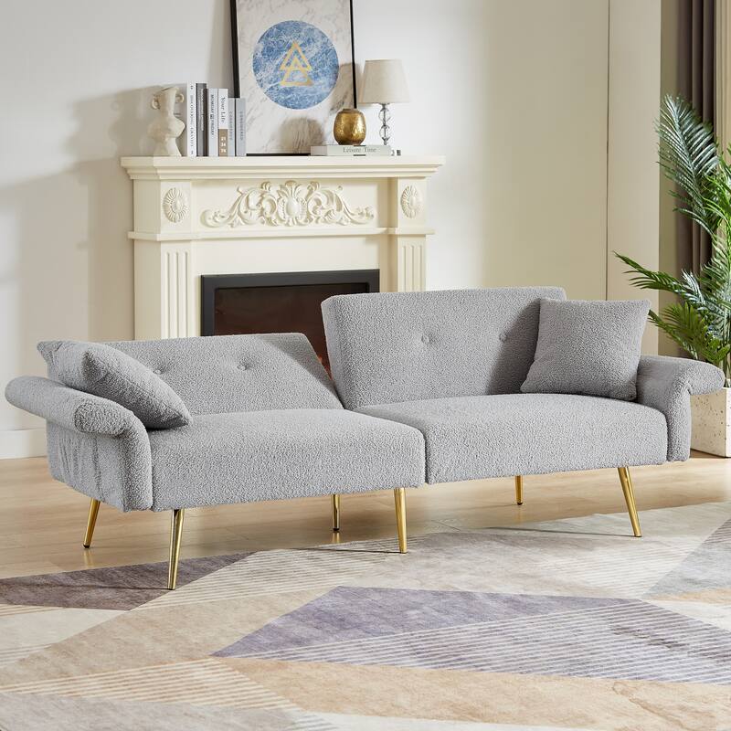 Grey Convertible Sofa Loveseat Sleeper Sofa Couch with Reclining Backrest, Sofa Bed Upholstered Sofa with Pillows