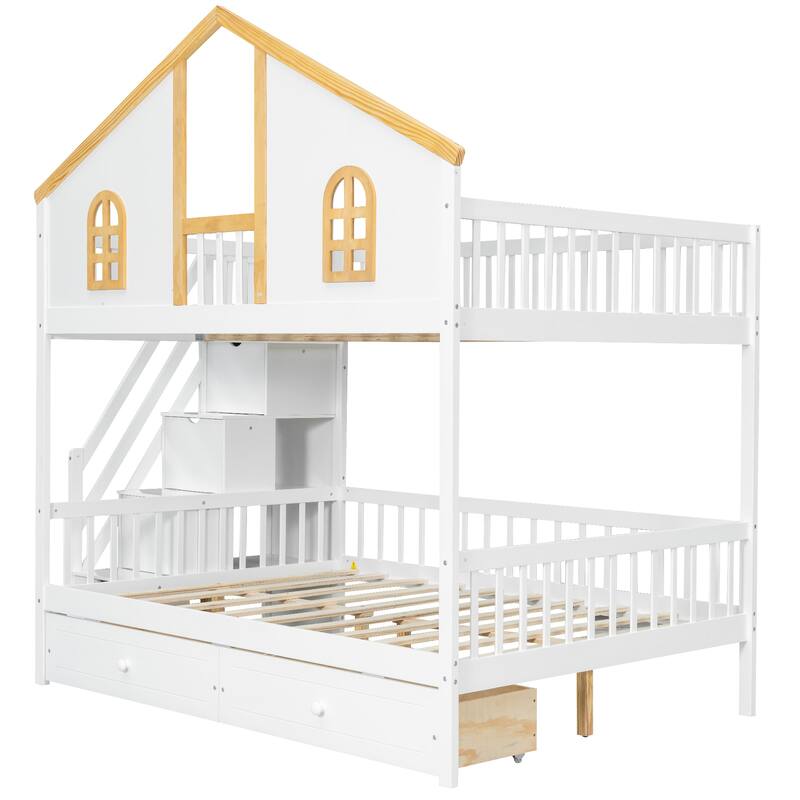 Fairytale Bunk Bed with Window Door House-shaped Roof Frame and Storage Staircase, Optional with Storage Drawers or Trundle Bed