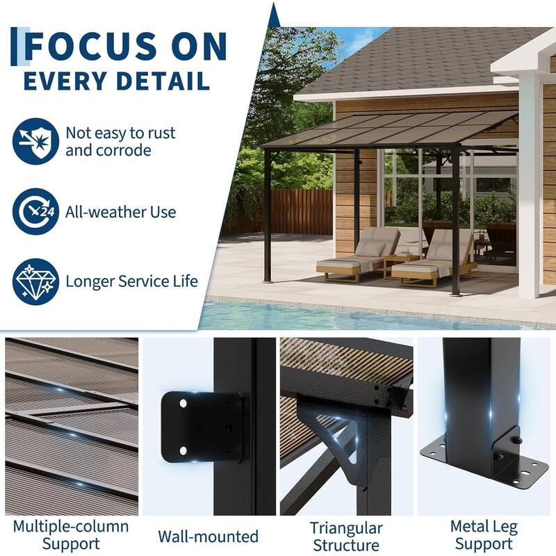 10*10FT Outdoor Metal Awnings Large Gazebo, Hard Top Pergola Wall-Mounted