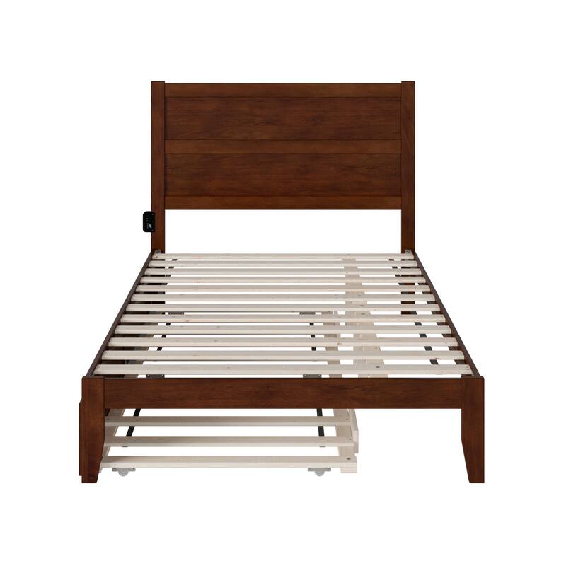 Full Size Bed With Trundle - Walnut Platform Bed Frame - Modern Romantic Style - HomeStock