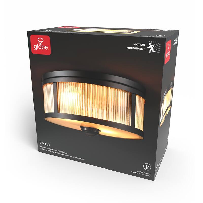 2-Light Matte Black Motion Activated Outdoor Flush Mount Ceiling Light with Ribbed Glass Shade and Frosted Glass Lens - 11"