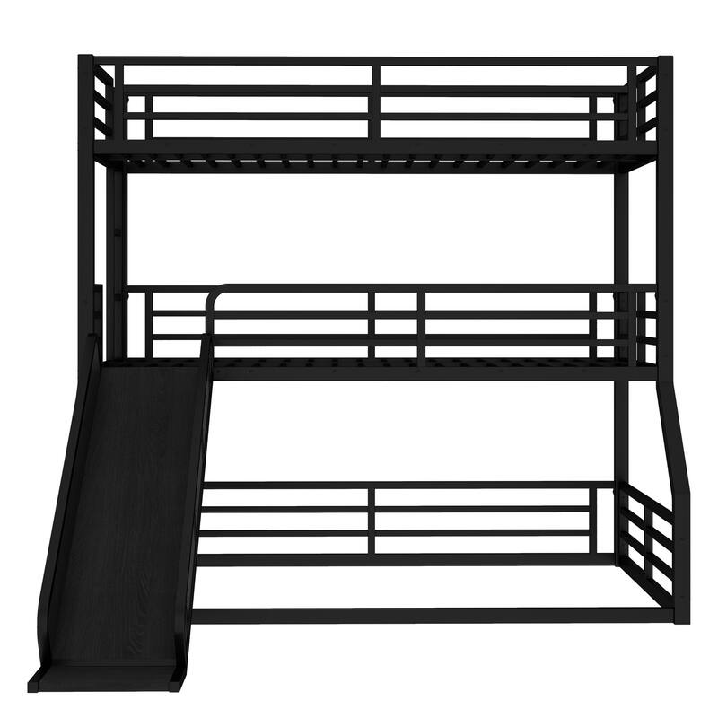 Metal Triple Bunk Bed Frame with Full Length Guardrail, Slide and Ladder, Heavy Duty Metal Slat Support, Noise Free