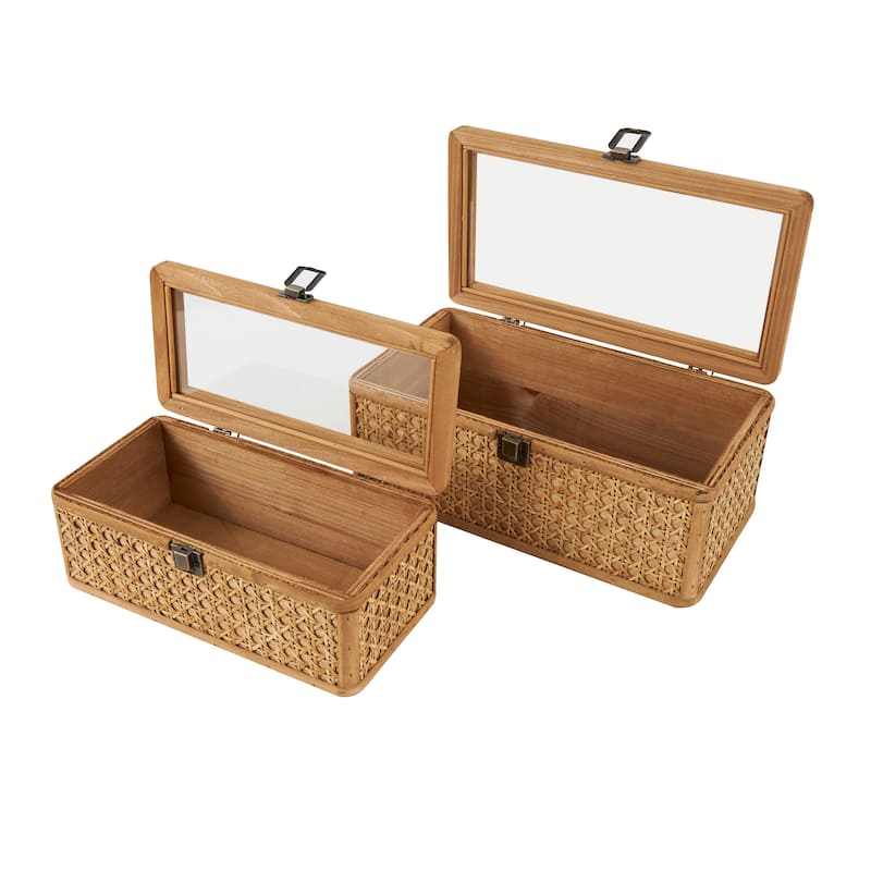 Brown Rattan Handmade Woven Rattan Decorative Box with Glass Tops and Bronze Latches (Set of 2)