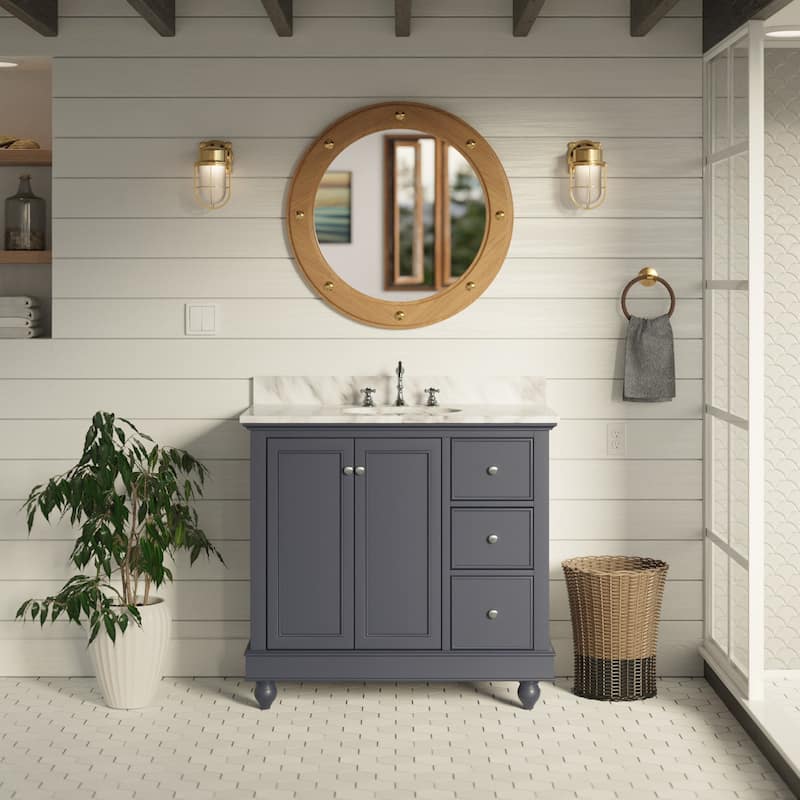 KitchenBathCollection Bella 36" Bathroom Vanity with Carrara Marble Top - Marine Gray
