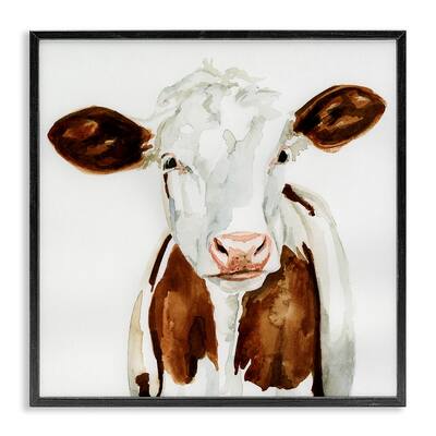 Stupell Farm Cow Portrait Neutral Watercolor Brown Tan Framed Wall Art, 12x12