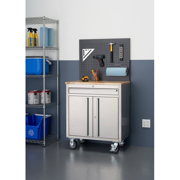 Workbench with outlet pegboard and drawer