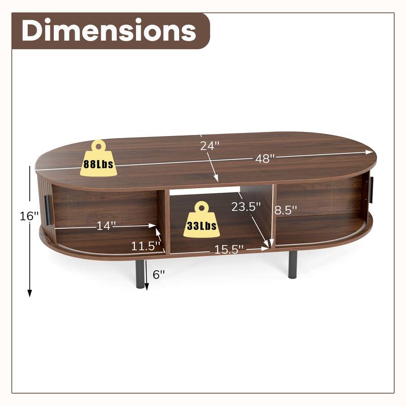 48" Modern Walnut Coffee Table with Fluted Sliding Doors and Open Storage Shelf Metal Frame - 48" x 24" x 16"