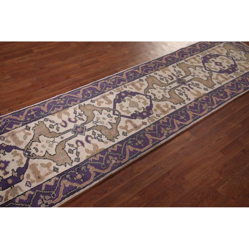 Ivory & Purple Oushak Indian Runner Rug Hand-Knotted Wool Carpet - 2'8"x 10'1"