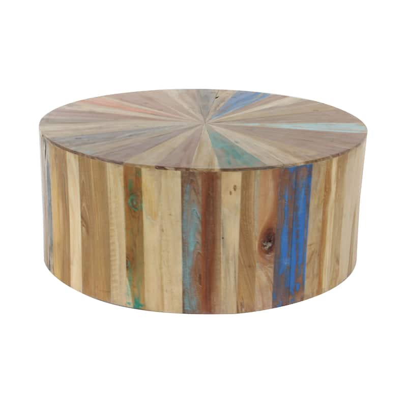 Brown Reclaimed Wood Handmade Pinwheel Drum Geometric Coffee Table with Colorful Painted Accents