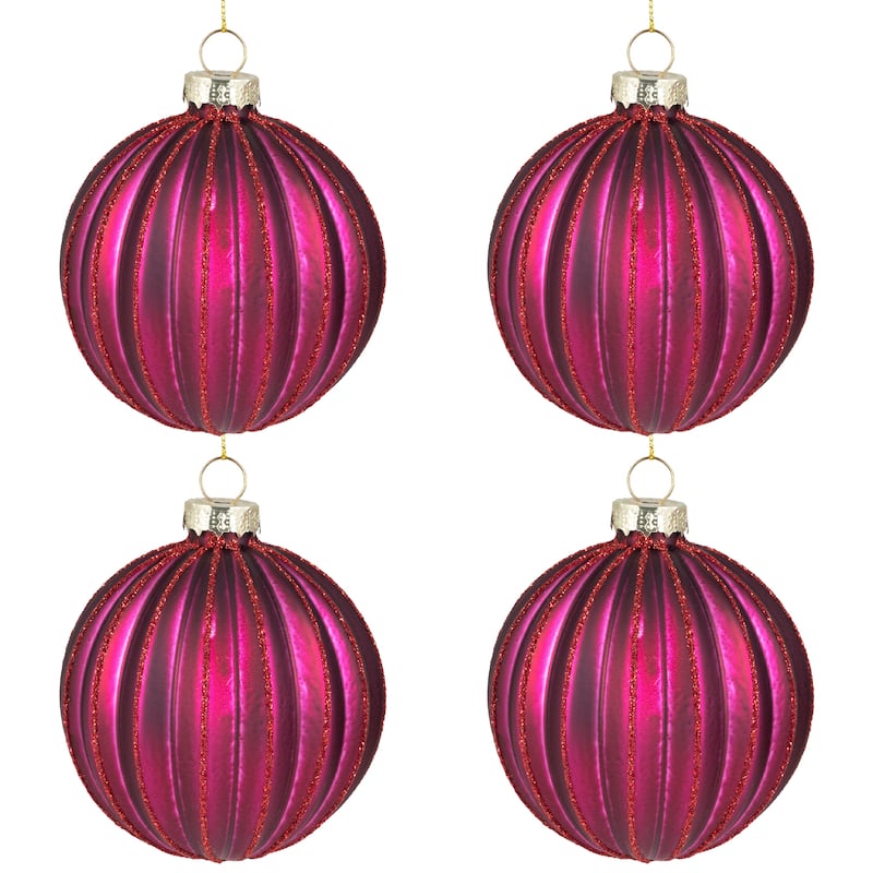 Ribbed Glittered Glass Ball Christmas Ornaments - 3" (75mm) - Maroon - 4ct
