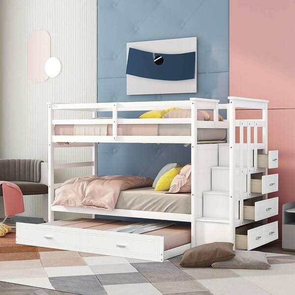 slide 2 of 14, Twin Over Twin Bunk Bed, Solid Wood Staircase 3-in-1 Bunk Bed Frame White - Twin