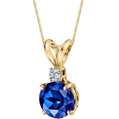 1.5 ct Round Created Blue Sapphire and Diamond Pendant in 14k Yellow Gold