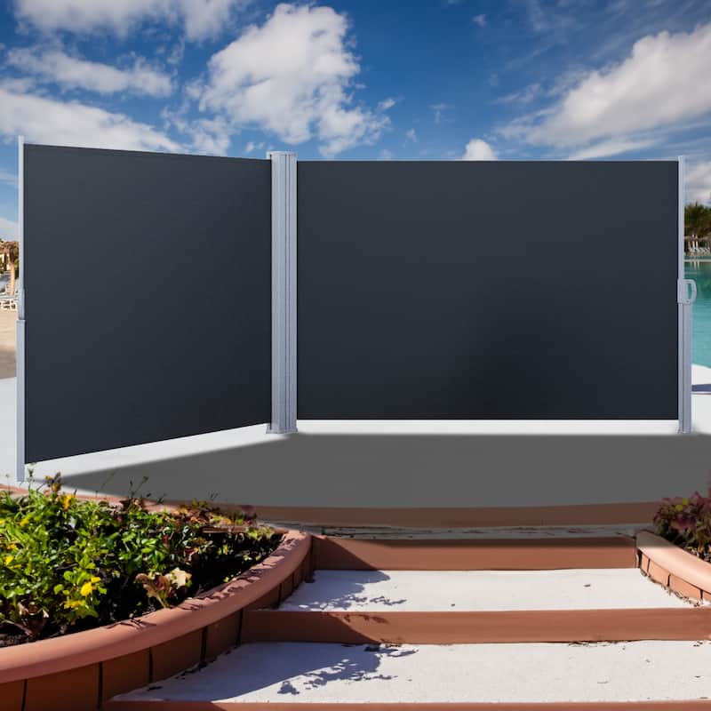 Outdoor Retractable Double Side Awning Waterproof UV-Resistant Folding Privacy Screen Fence - 5.2 x 19.7 - Grey