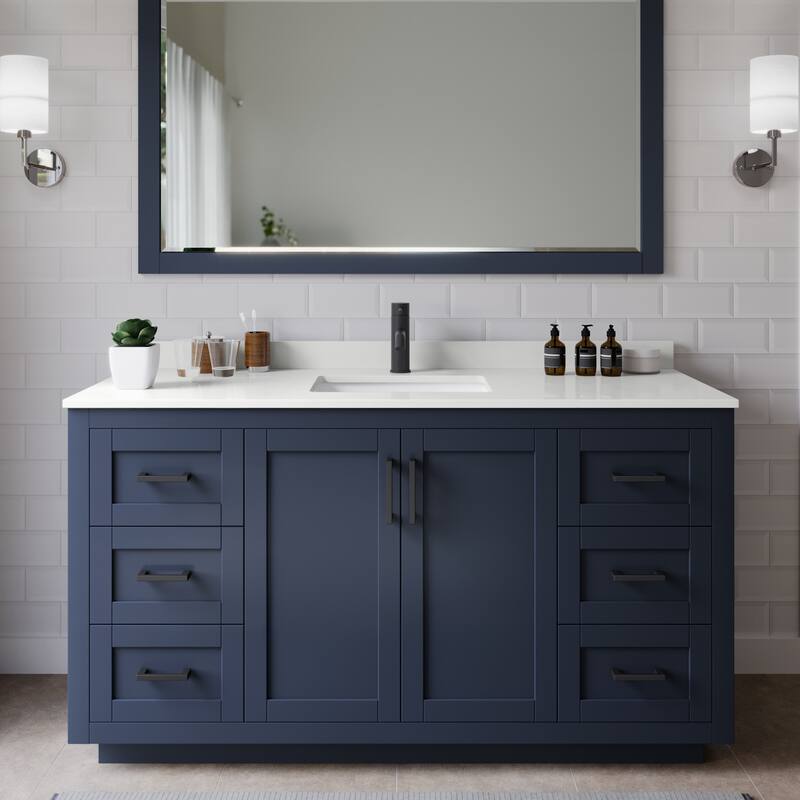 Wyndham Collection WCF292960S-QTZ-UNSMXX Miranda 60" Free Standing - Dark Blue / White Quartz Top / Matte Black
