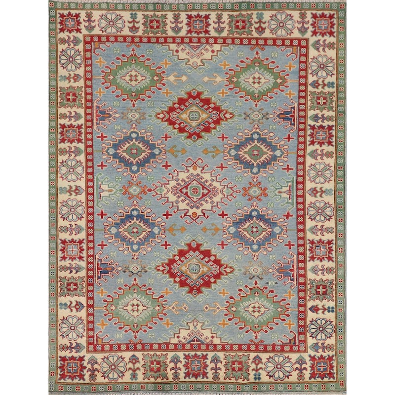 Light Blue Geometric Kazak Rug Living Room Hand-Knotted Wool Carpet - 5'0" x 6'7"
