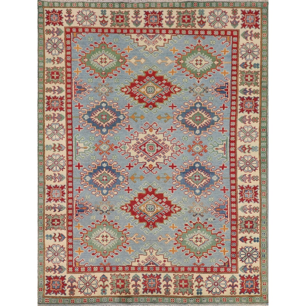 Light Blue Geometric Kazak Rug Living Room Hand-Knotted Wool Carpet - 5'0" x 6'7"