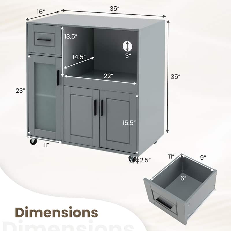 Gymax Kitchen Island Cart on Wheels Microwave Cabinet w/ Frosted