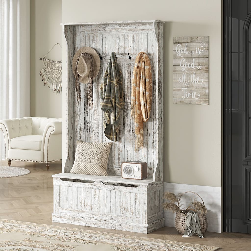 Entryway Bench Hall Tree with Storage Bench, White Hallway Bench Indooe Bench Coat Rack with 4 Hooks and Shoe Storage