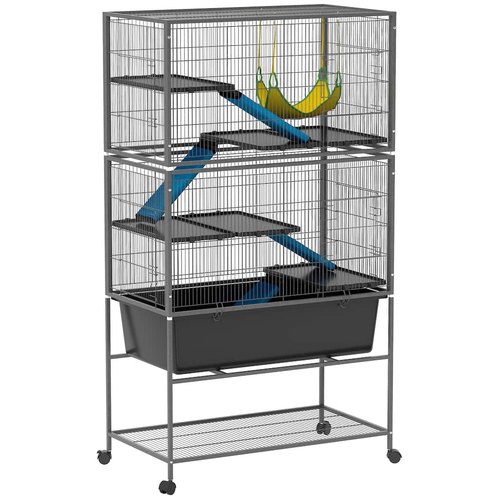 PawHut 59" 5-Level Small Animal Cage, Rolling Ferret Chinchilla Cage with Slide Out 6.3" Deep Tray, Dark Gray