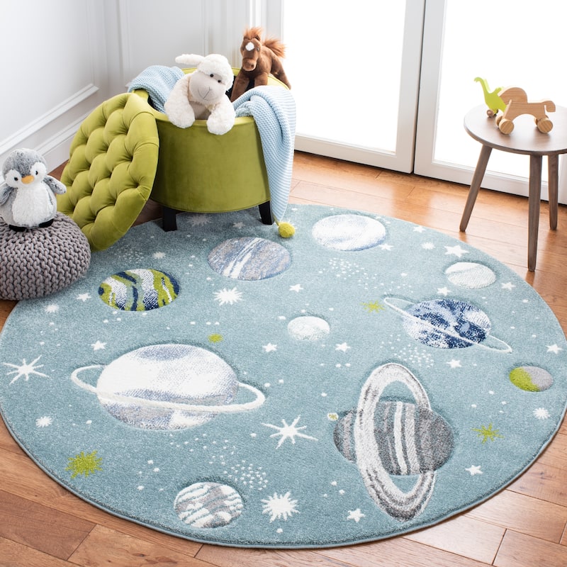 SAFAVIEH Carousel Kids Shaimaa Solar System Rug - 5'3" Round - Teal/Ivory