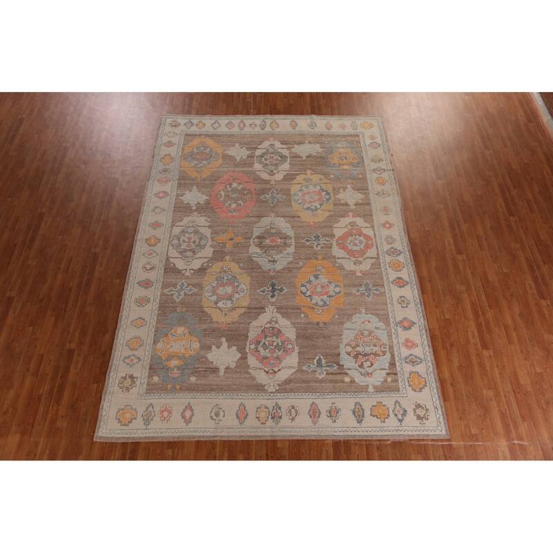 Hand Knotted Oriental 100% Wool Carpet Transitional Geometric Brown Oushak Area Rug - 12' 6'' X 8' 11''