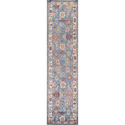 Light Blue Oushak Oriental Runner Rug Hand-Knotted Wool Carpet - 2'5"x 13'9"